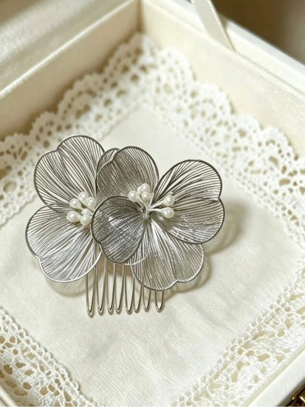 Gold Floral Wire Hair Comb with Pearl Accents